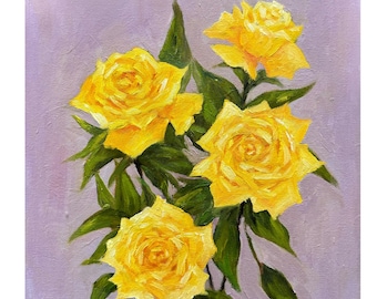 Original Ölgemälde, Gelbe Rosen Stillleben, 12x12 Leinwand