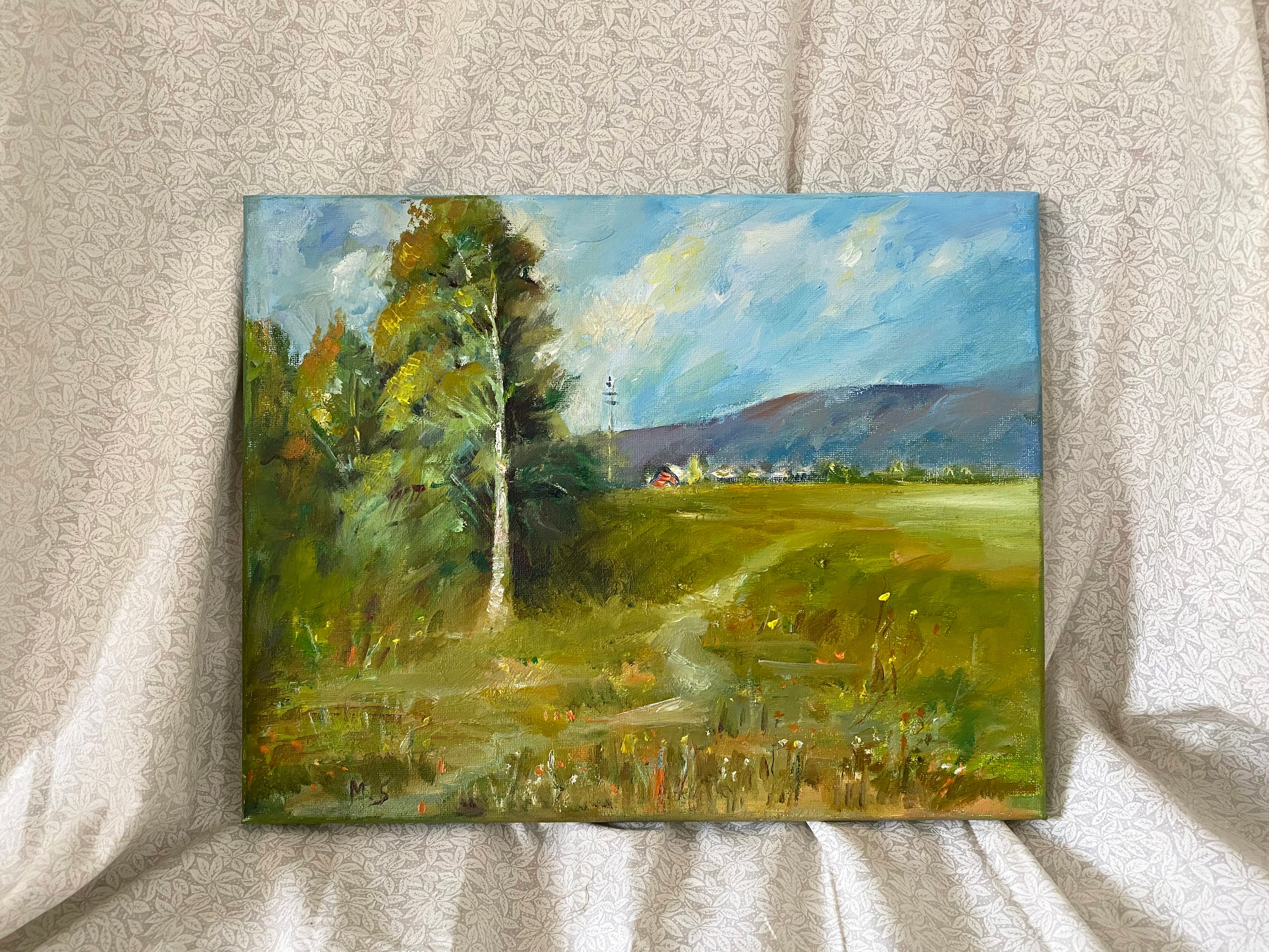 オリジナル油絵「田園風景」11x14インチ。コレクターズアイテム