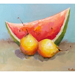 Original Oil Painting &quot;Watermelon And Pears&quot; Still Life 8x10 inches. Collectible/Fine Art/Original Painting/Gift/Home decor/Wall Art