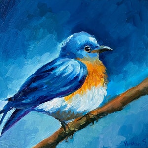 Original Oil Painting &quot;Blue Bird&quot; 8x8 inches. Collectible/Fine Art/Original Painting/Gift/Home decor/Wall Art