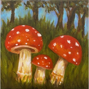 Original Oil Painting &quot; Red Mushrooms &quot; Still Life 8x8 inches. Collectible/Fine Art/Original Painting/Hand Painted/Home Decor/Wall Art