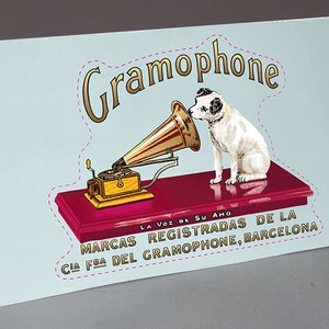 Precortado HMV La Voz De Su Amo, GRAMOPHONE BARCELONA Fonógrafo Water Slide Calcomanía