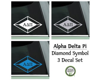 Alpha Delta Pi 3 Decal Set | 3 ADPi Diamond Symbol Decals | 1 White, 1 Blue and 1 Metallic Silver