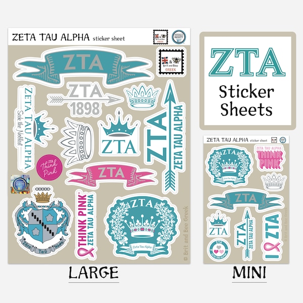 Zeta Tau Alpha Sticker Sheets | Top Quality Vinyl | Choice of Sheet Sizes | Large or Mini | Durable & Weatherproof