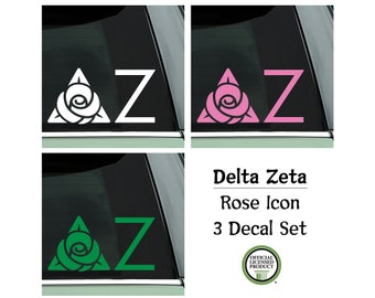 Delta Zeta Sorority 3 Decal Set | 3 DZ Rose Icon Decals | 1 White, 1 Rose and 1 Green