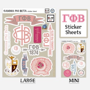 May include: Two sticker sheets featuring the Greek letters "ГФВ" in pink and gray. The larger sheet has a variety of designs, including a crest, an arrow, and a banner. The smaller sheet has a more minimalist design with a crest, a banner, and an arrow. Both sheets are labeled "Gamma Phi Beta" and include the text "Sticker Sheets".