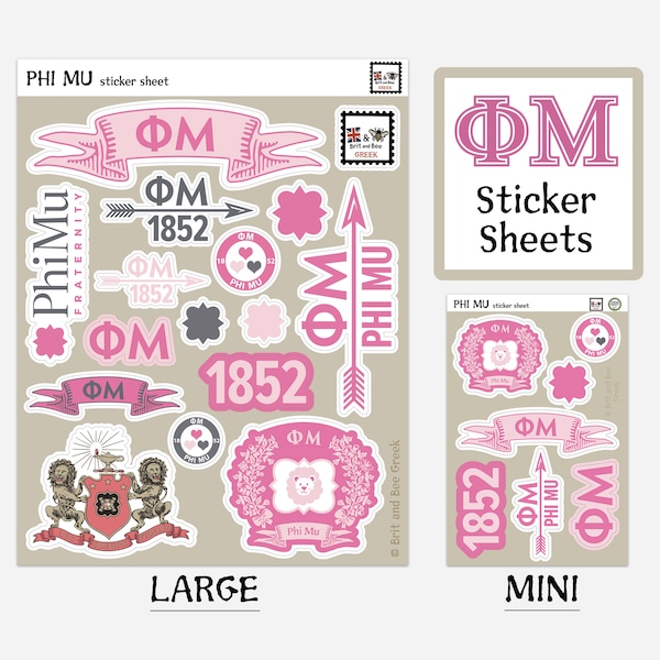 Phi Mu Sticker Sheets | Top Quality Vinyl | Choice of Sheet Sizes | Large or Mini | Durable & Weatherproof