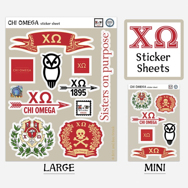 Chi Omega Sticker Sheets | Top Quality Vinyl | Choice of Sheet Sizes | Large or Mini | Durable & Weatherproof