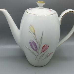 Può includere: Caffettiera in porcellana bianca con bordo dorato e un motivo floreale con fiori viola, rosa e gialli.