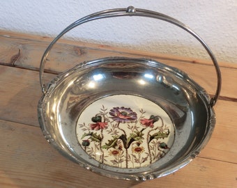 VINTAGE silber Schale mit Griff und Porzellan Inlay Obstschale Schale Korb Teller Servierschale silver Bowl Wiesenblumen Geschenk Dekoration