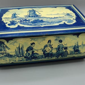 Vintage teburk, pepparkaksburk, kakburk, blå och vit, rektangulär, holländsk, smyckesburk, kaffeburk, hållbar, plåtask, presentask