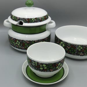 VINTAGE terrine with matching bowls, Hutschenreuther Arzberg Group Graziela Flower, green white, dinnerware
