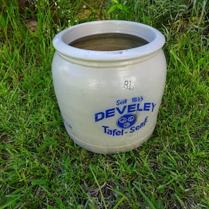 Vintage aardewerken reuzelpot, 3 liter, mosterdpot, DEVELEY, tafelmosterd, terracotta pot, zoutpot, zuurkoolpot, decoratie voor een landhuis, tuin