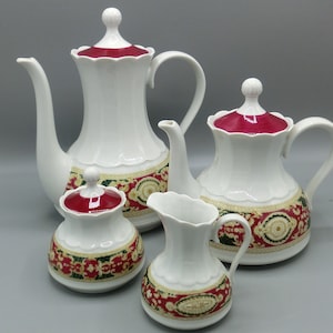 VINTAGE centerpiece, coffee pot milk jug sugar bowl, white red green, coffee service teapot milk jug, jug milk and sugar, gemstone