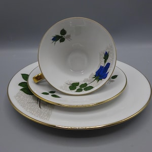 Tazza e piattino vintage da collezione, bianchi e blu con bordo dorato, rosa blu, decorazione a rosa, motivo floreale, servizio da tavola, set da collezione, Seltmann Weiden
