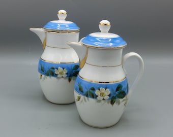 VINTAGE 2 milk jugs, Art Nouveau, white blue, Christmas rose, milk jug, cream jug, with gold rim, decoration gift
