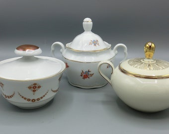 VINTAGE sugar bowl, 3 pieces, flower pattern, bonboniere, jewelry box, porcelain box, lidded sugar bowl, decoration gift