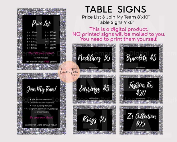 PRINTABLE Jewelry Price List Table Signs Bundle Silver 5 - Etsy