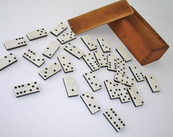 Dominoes Black and White Game Set Wooden Box of Dominoes Adult or Children's Toy Educational Games Vintage Child's
