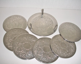 Silver Plated Coasters Set of 6 With Stand Holder Filigree Pattern EPNS Six Drink Mats Barware