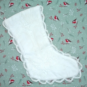 Christmas Stocking Vintage Battenburg Lace Victorian Style Ivory White 12&quot; Long