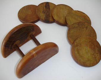 Rustic Wood Coasters Set of 6 With Stand Holder Six Drink Mats Barware Wooden Handmade