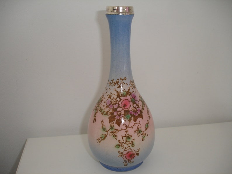 Antique Rosebud Vase Silver Collar Top Blue And Pink Floral Etsy