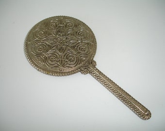 Handbag Mirror Silver Metal Vintage Looking Glass