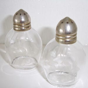 May include: A pair of clear glass salt and pepper shakers with silver-coloured metal lids. The shakers have a round shape and are decorated with an etched floral design. The lids have small holes for dispensing.