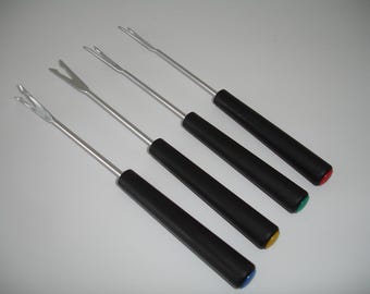 Fondue Forks Set of Four UNUSED x 2 Prong 4 Piece Stainless Steel Re-usable Party Forks Colour Tips Red Blue Green Yellow Black Multicolour