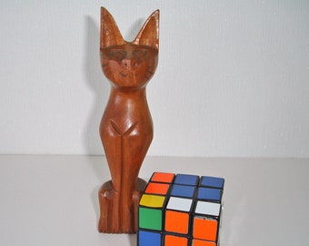 Cat Statue 7" Carved Wooden Animal Sculpture Figurine Hand Carved Wood