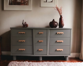 SOLD refinished 9 drawer green modern dresser with curvy oak pulls