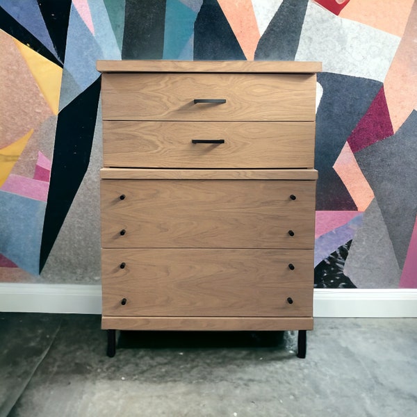 SOLD mid-century modern tall chest of drawers with new replaced white oak veneer matte