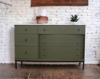 SOLD vintage mid century modern dresser refinished in olive green with black legs and black pulls