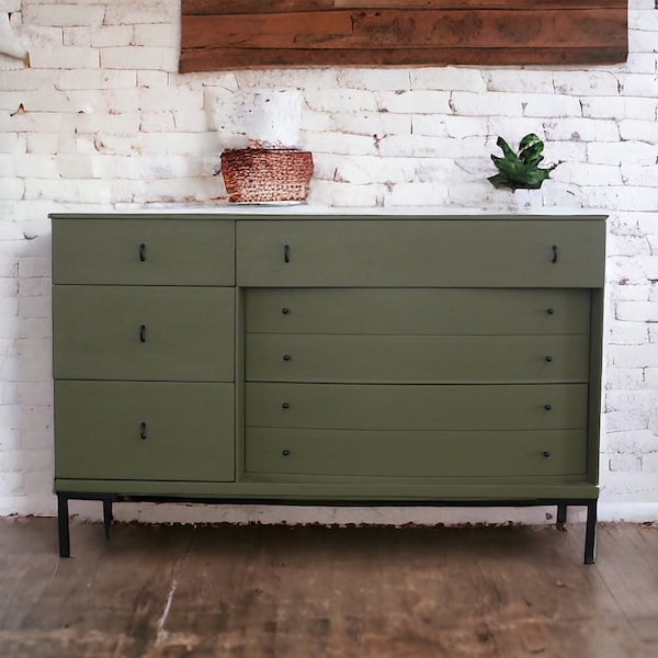 SOLD vintage mid century modern dresser refinished in olive green with black legs and black pulls