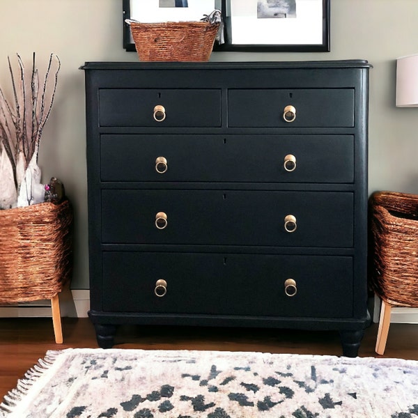 SOLD antique chest of drawers painted in black with aged brass ring pulls