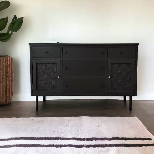 SOLD solid maple modern black sideboard with black cane doors