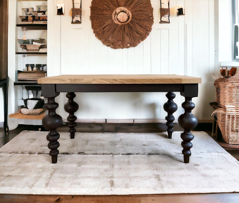 SOLD Vintage Butcher Block Dining Table or Desk With Soft Black Turned