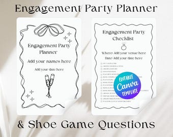 Bearbeitbarer Verlobungsfeierplaner, Engagierte Checkliste, Schuhspielfragen, anpassbare Hochzeitsmappe, Inspiration für die Verlobte Ära, Verlobte szn