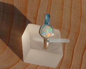 Silver opal ring size I(i),rainbow colours|pentagon|statement ring|freeform opal|handmade|artisan|one off|gift|present|engagement|friendship