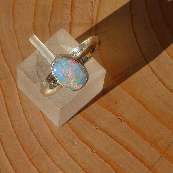 Solid opal ring size P|silver 925|handmade artisan|unique design|one-of-a-kind|engagement|friendship|custom made|rainbow colours