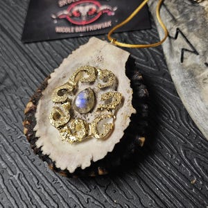 Handmade Deer Antler Necklace: Engraved Labradorite Cabochon Pendant