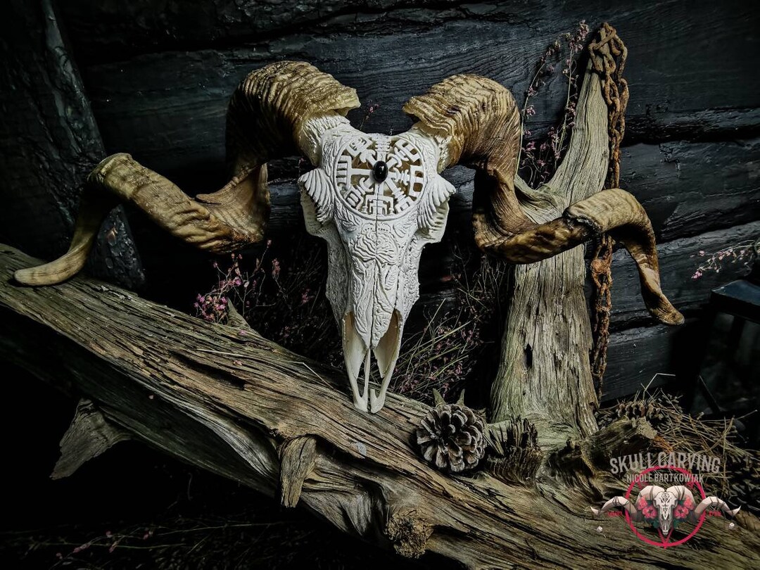 Hand Carved Ram Skull: Pagan Vegvisir, Filigree Ornament - Etsy