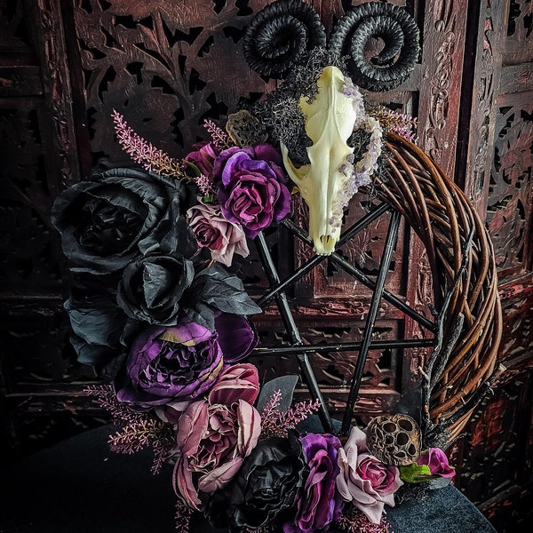 Wooden Door wreath real fox skull black horns plants moss roses violet amethyst crystals lotus forest pentagram pentacle witch witchcraft
