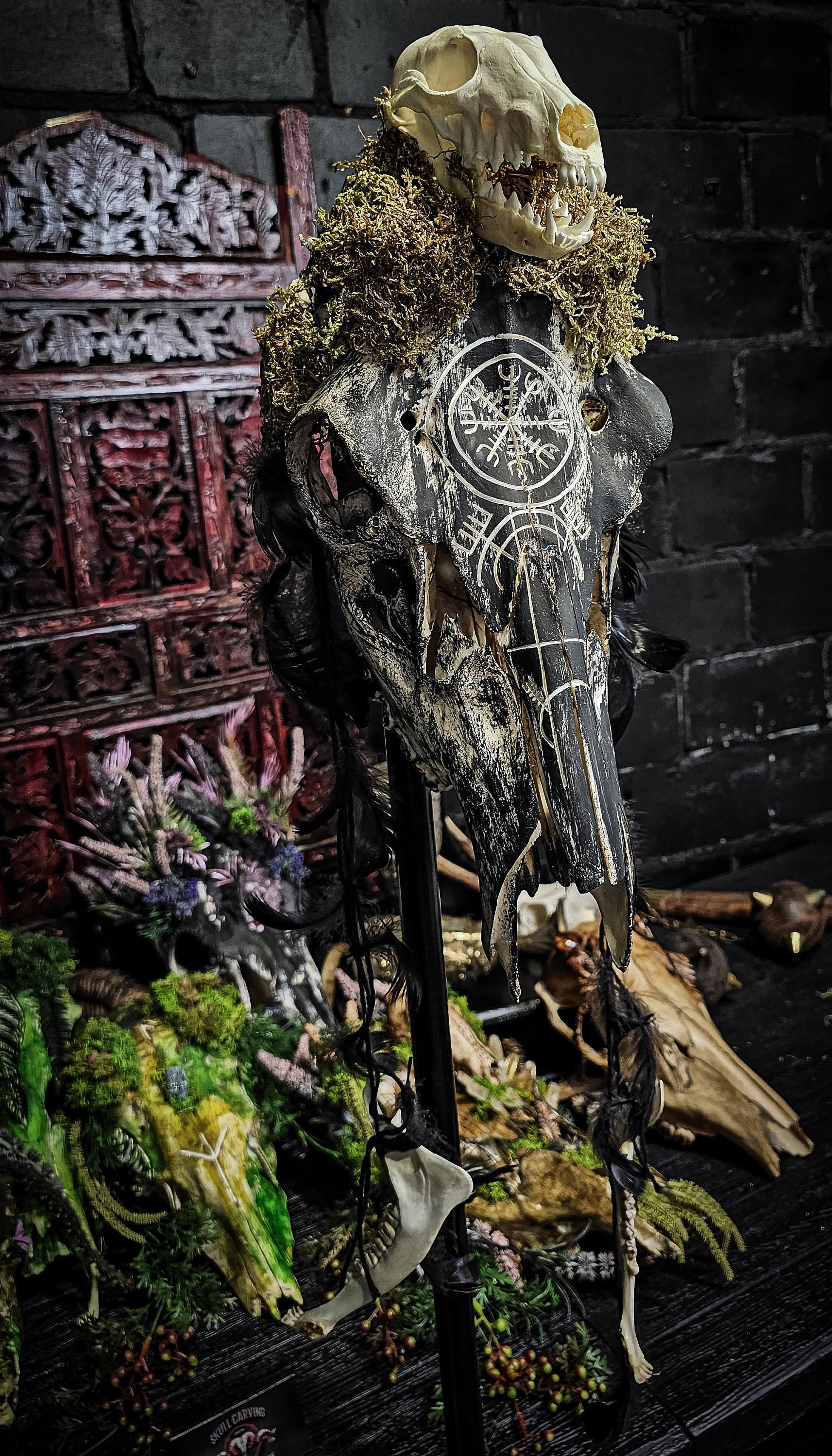 Engraved Stag Deer Skull: Viking Aegishjalmur, Norse Runes, Moss