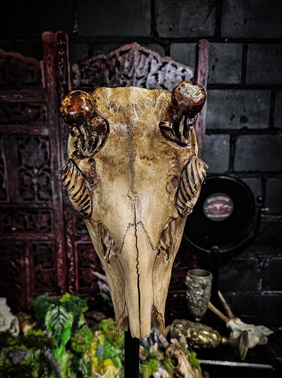 Hand Engraved Deer Skull Planter: Mushroom Fern Carving, Wicca