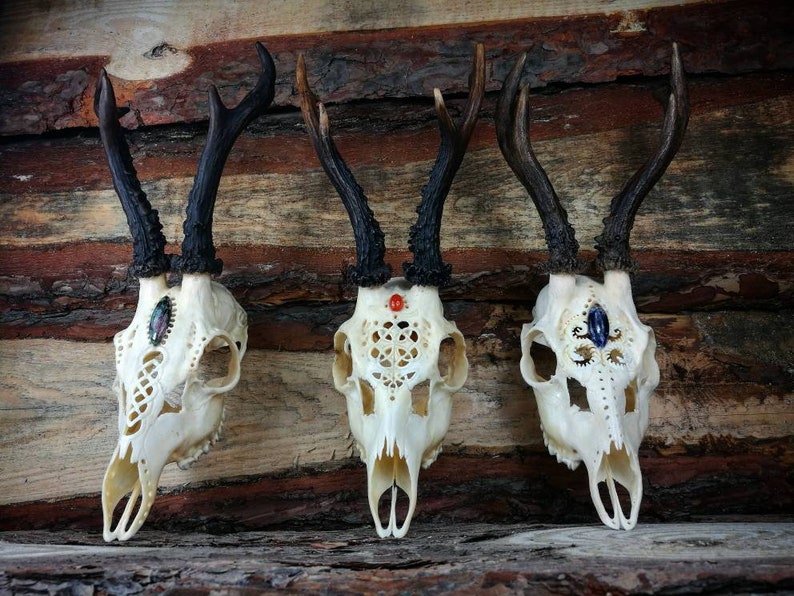 Made to order Real Roe deer skull with engraved ornaments carving gift girlfriend filigree buck unique crystal stone carnelian cornelian