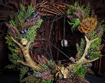 Wooden Door wreath real roe deer antlers plants green fairy cottage core fairytale amethyst crystals village forest geometric heather Moor