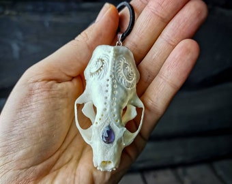 Made to order American mink skull with engraved design ornaments filigree carving sculpture sapphire crystal stone cabochon gift idea custom