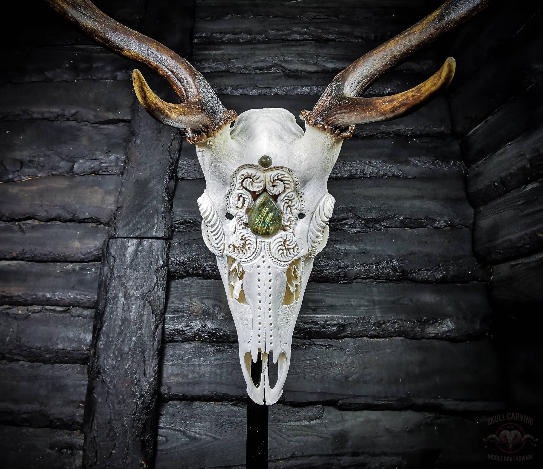 Engraved Fallow Deer Skull With Antlers: Labradorite Stone Carving